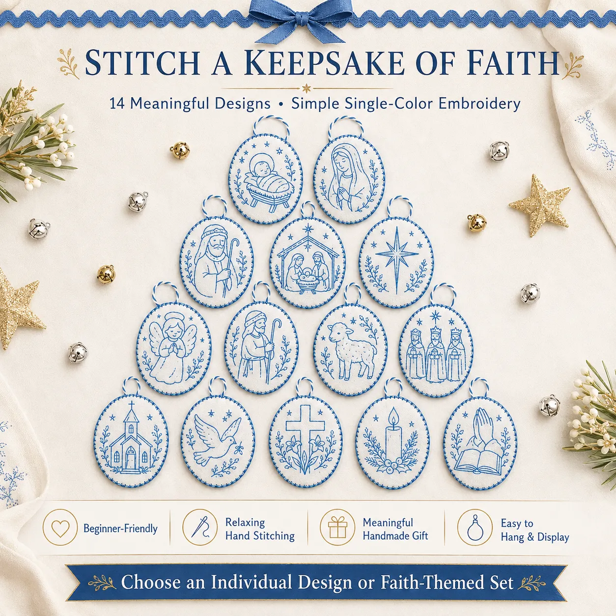 Collection of handmade embroidered oval ornaments