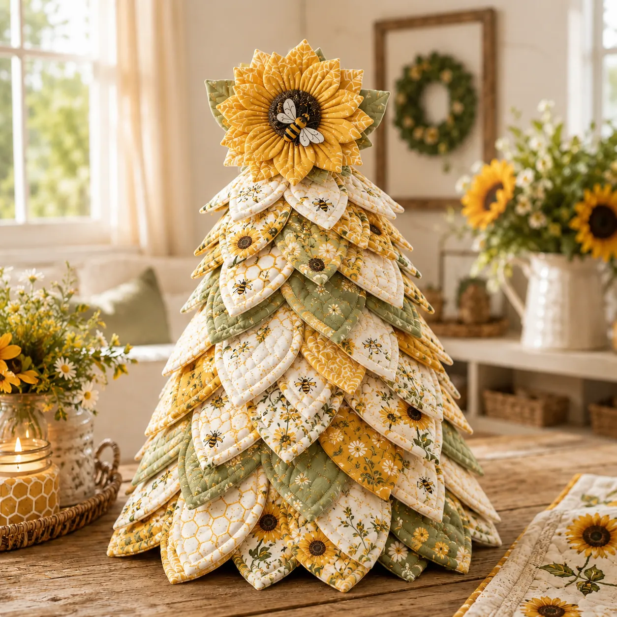 Sunflower Bee Garden Tree DIY Kit-Handmade Fabric Tabletop Tree Decor - Sunflower Bee Tree / Dimensions: Conical base is 20 cm; approximately 24–26 cm with the fabric covering applied.