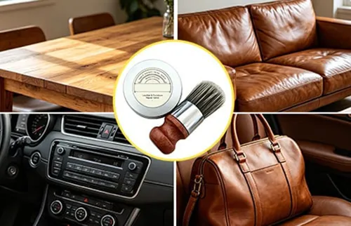 Leather care cream use scenes with sofa car interior and bag