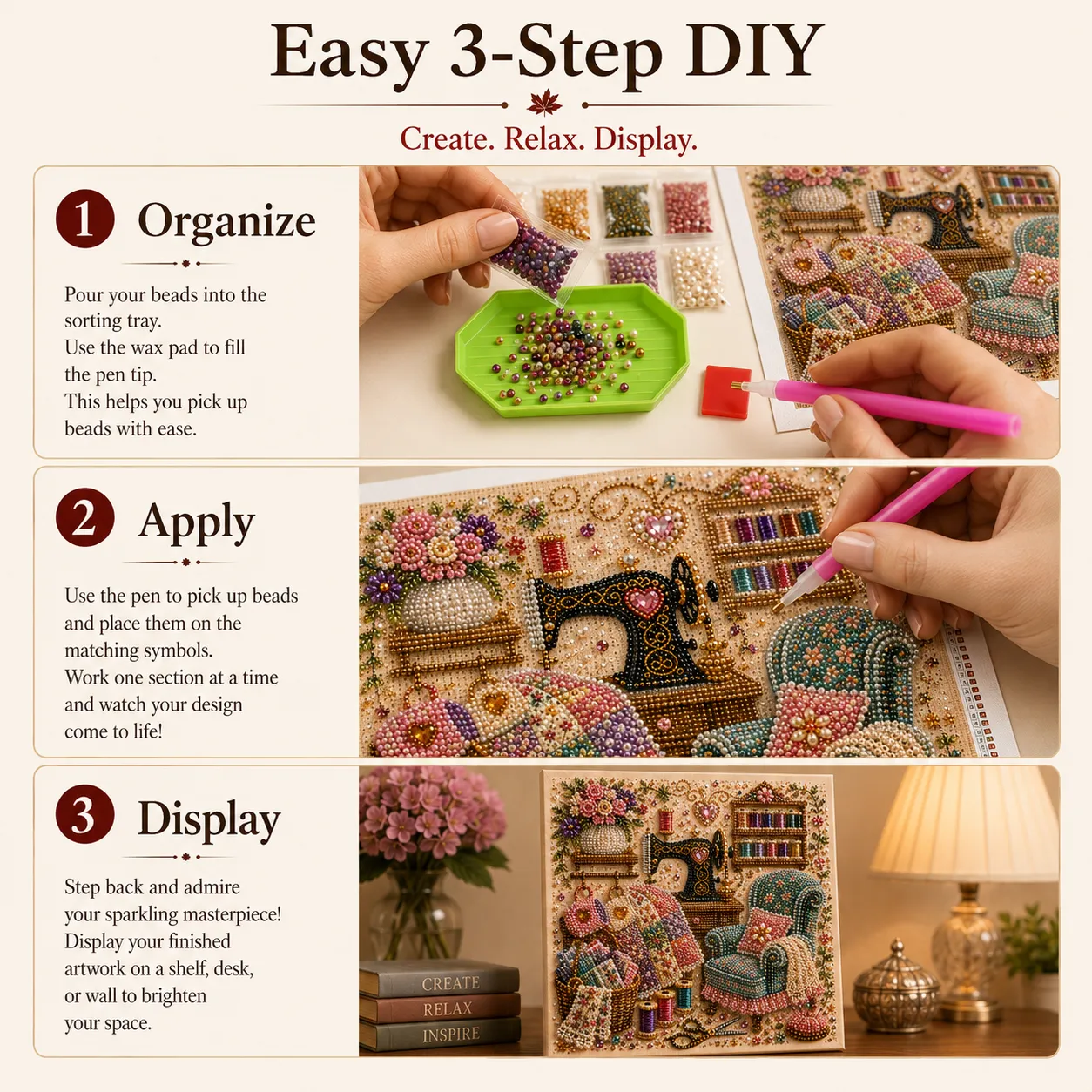 Three steps for completing a diamond painting