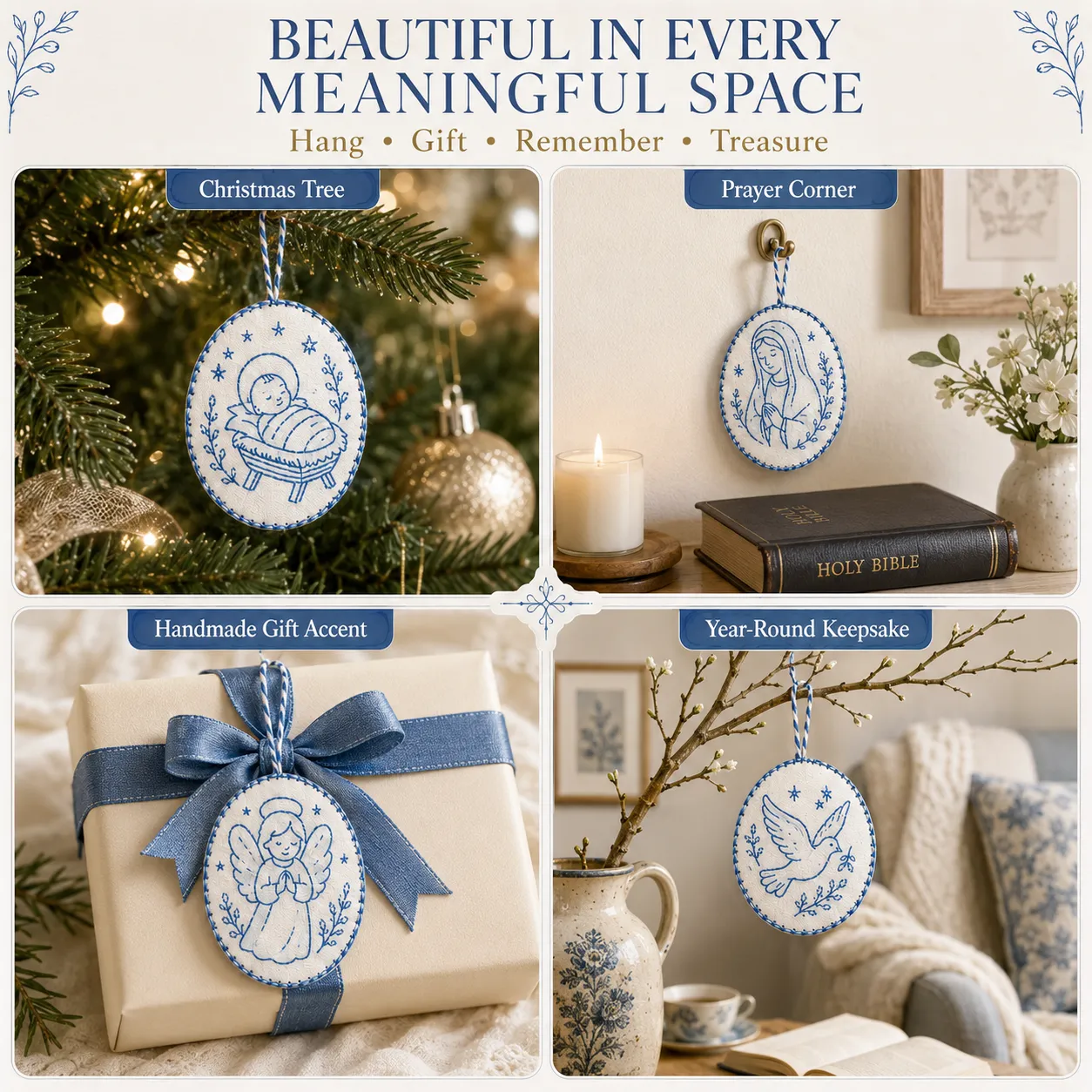 Embroidered oval ornaments displayed around the home