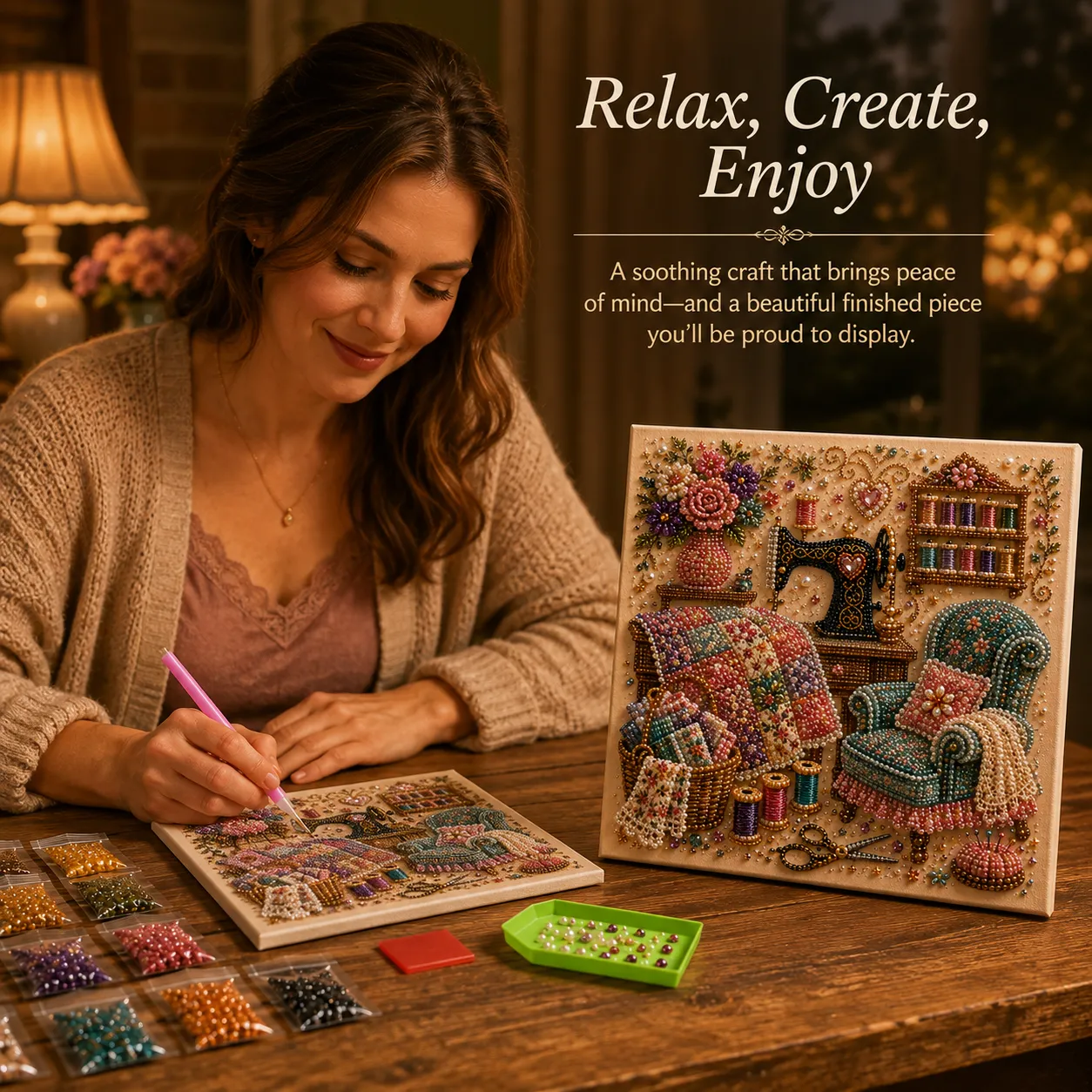 Woman relaxing while working on a cozy room diamond painting