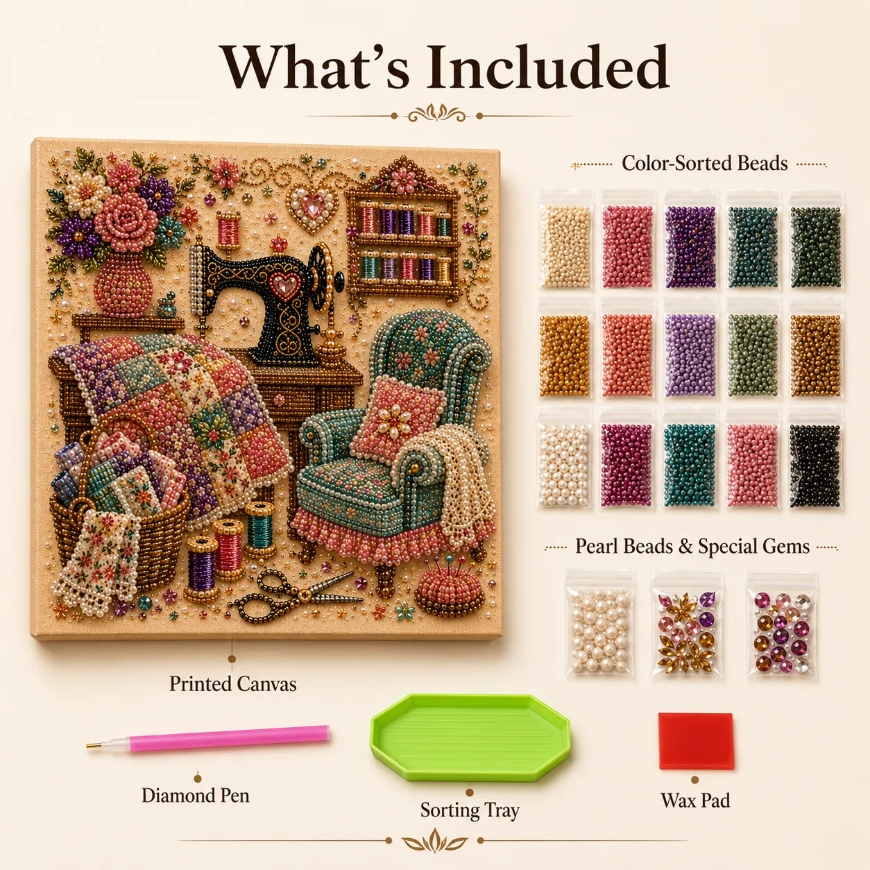 Diamond painting kit contents including canvas beads pen tray and wax pad