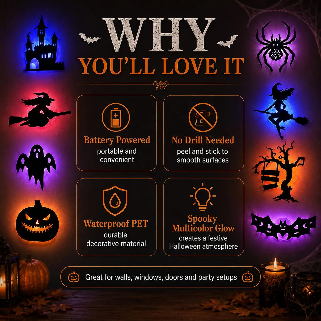 Halloween LED Silhouette Wall Light Stickers, Battery Powered Peel & Stick Decor Lights, No Drill PET Waterproof Wall Decor, Spooky Ghost Pumpkin Witch Bat Castle Spider Tree Ornaments for Home Window Door Party, 9/18/27 Pack Available