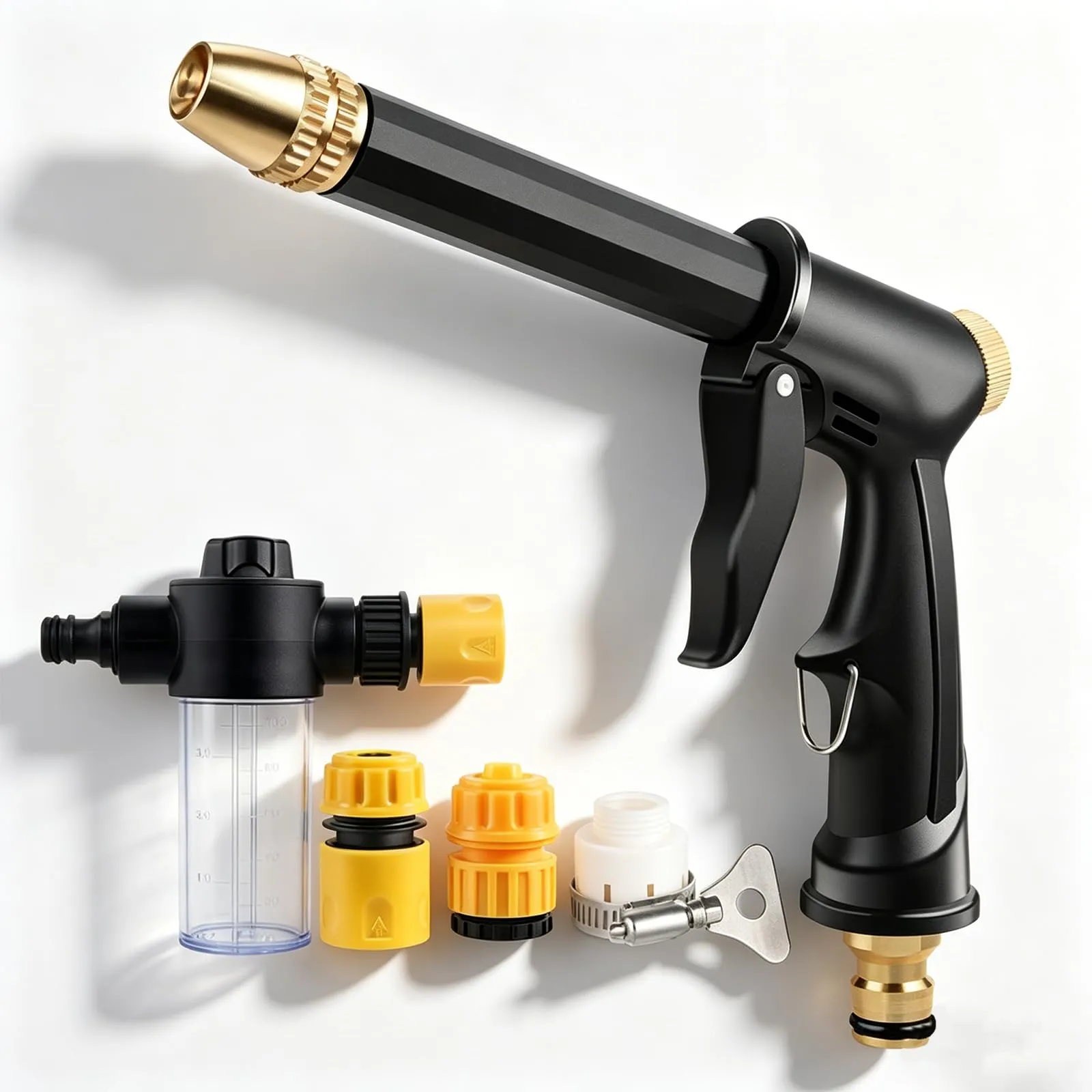 High Pressure Water Spray Gun with Booster Nozzle - 1-Pack / 1 Spray Gun + 3 Connectors + 1 Foam pot