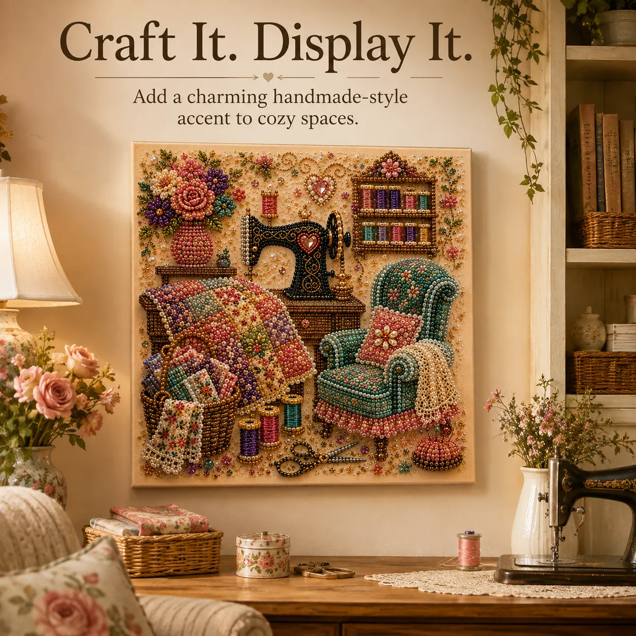 Finished sewing room diamond painting displayed in a cozy craft room