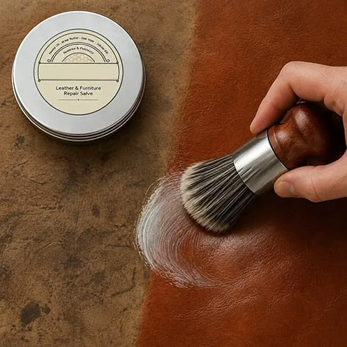 Brush applying leather care cream to a worn-looking surface
