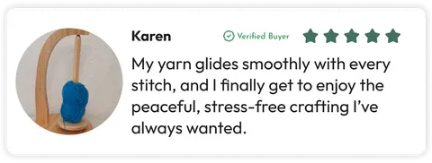 A five-star review from verified buyer Karen praises the Levitating Premium Yarn Holder for providing smooth, tangle-free yarn and stress-free crafting, as seen with blue yarn on its elegant wooden stand.