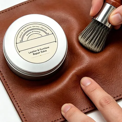 Leather care cream and brush on a smooth leather surface