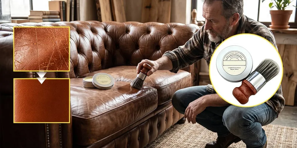 Leather sofa care scene with cream and brush